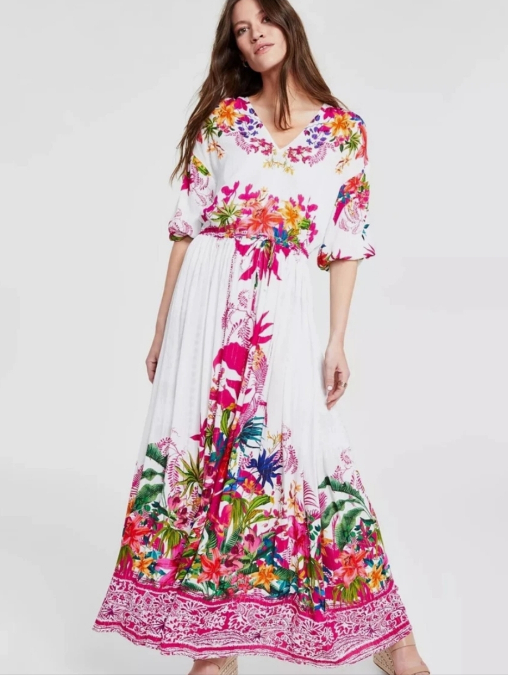 INC International Concepts White Maxi Dress with Pink & Multicolor Floral Print